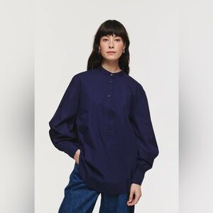 COS Aligne Navy Blue Balloon-Sleeve Button-Up Blouse Poplin Cotton